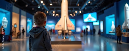 A young boy stands mesmerized, gazing at a majestic spacecraft model in a captivating space museum exhibit.  The scene is filled with wonder and dreams of exploration.