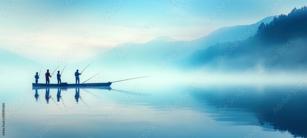 Serene Fishing at Dawn: Misty Mountain Lake Serene Fishing at Dawn: Misty Mountain Lake