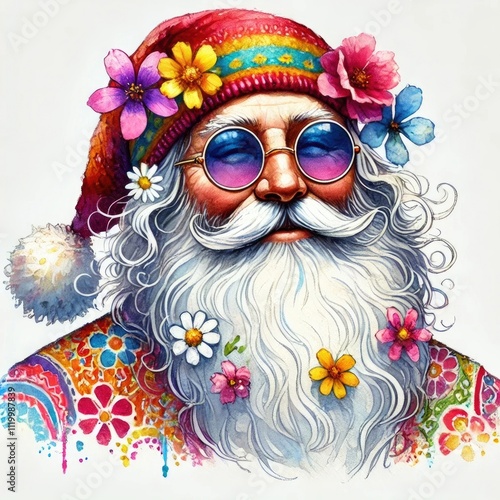 Vibrant portrait of a joyful, flower-adorned Santa Claus with sunglasses, radiating peace and happiness. photo