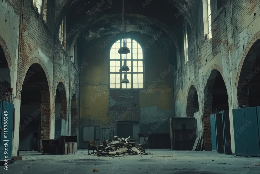 A desolate, abandoned interior with a pile of debris under large arched windows. A desolate, abandoned interior with a pile of debris under large arched windows.