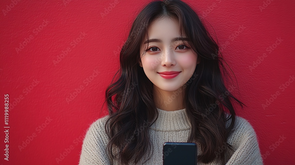 Naklejka premium Young Korean Woman Smiling Against Red Wall