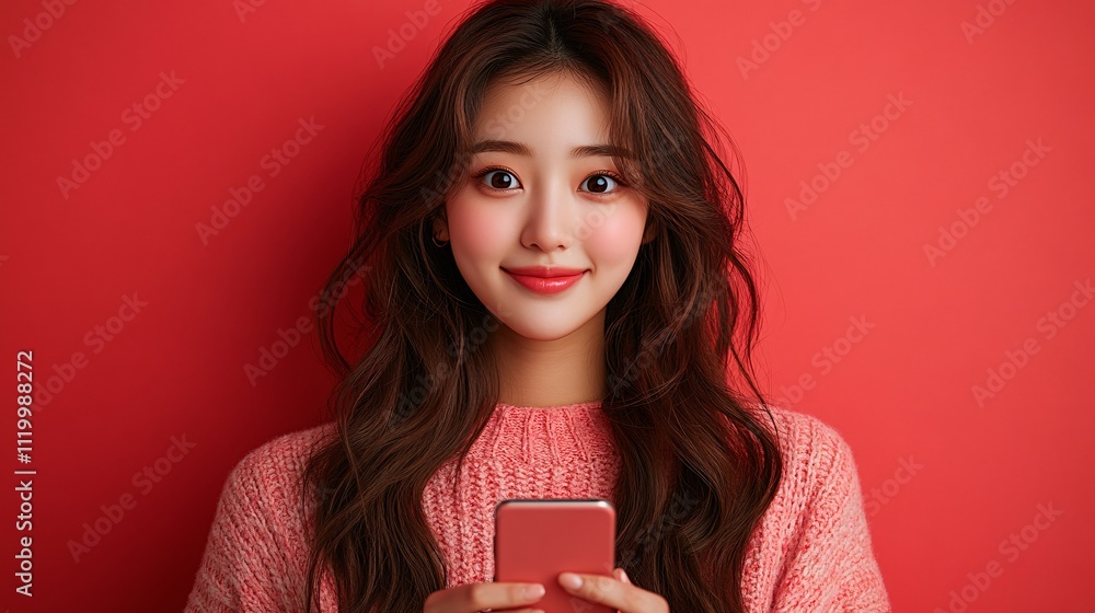 Young Korean Woman with Wavy Hair Holding Phone Young Korean Woman with Wavy Hair Holding Phone