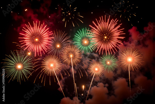 A new year eve explosion of colorful fireworks illuminates the night sky on January 1st fireworks