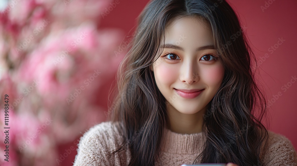 Young Korean Woman with Long Wavy Hair Smiling