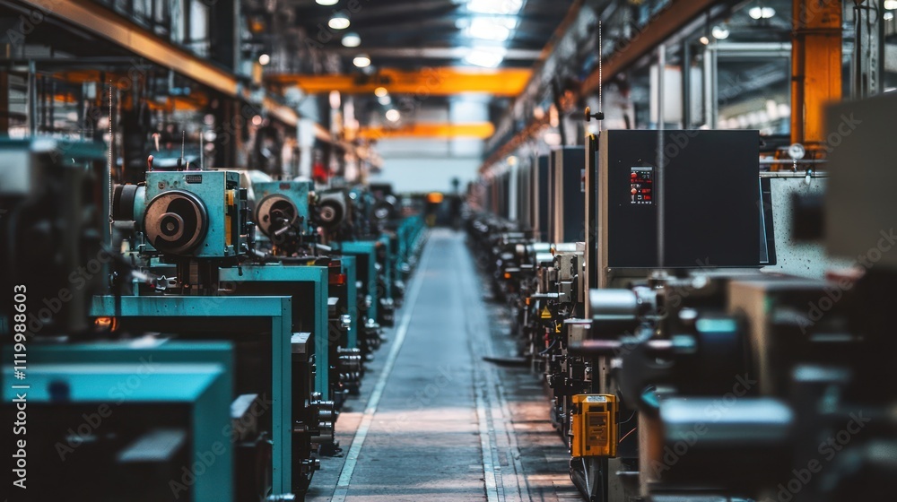 A long line of machines in a factory. A long line of machines in a factory.