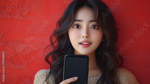 Young Korean Woman Holding Phone Against Red Wall