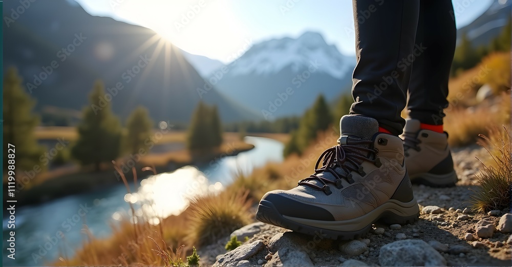 Adventure awaits! Conquer the trails in durable hiking boots. Stunning mountain views and a serene river scene create the perfect backdrop for your journey. Adventure awaits! Conquer the trails in durable hiking boots. Stunning mountain views and a serene river scene create the perfect backdrop for your journey.