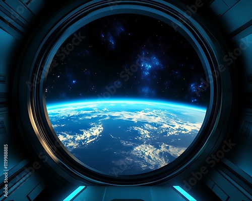 Spaceship porthole view of Earth and cosmos.