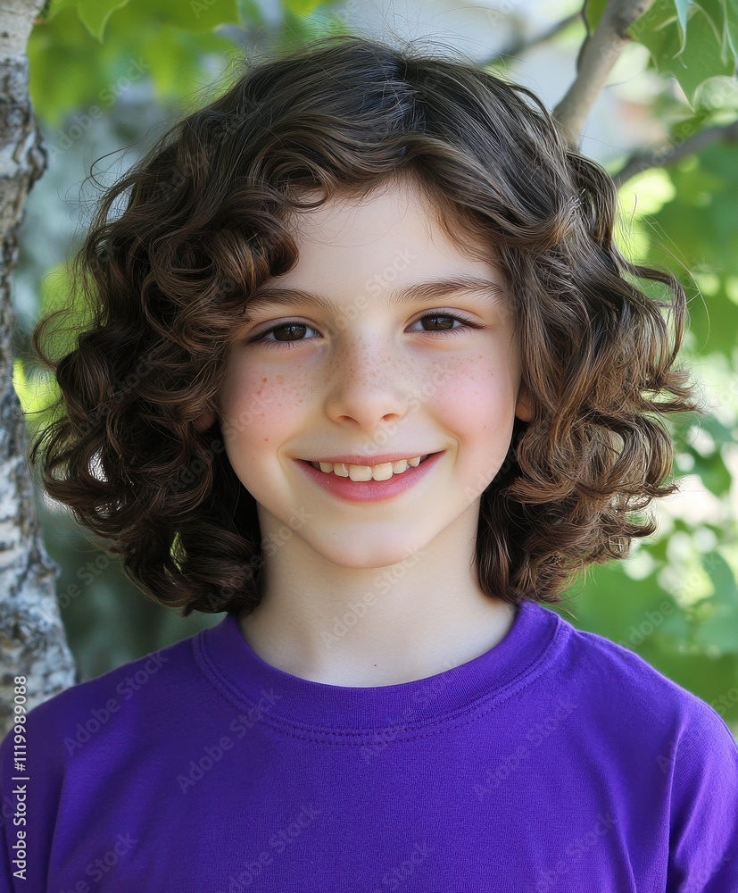 Smiling young girl with curly hair wearing a purple shirt outdoors
Smiling young girl with curly hair wearing a purple shirt outdoors