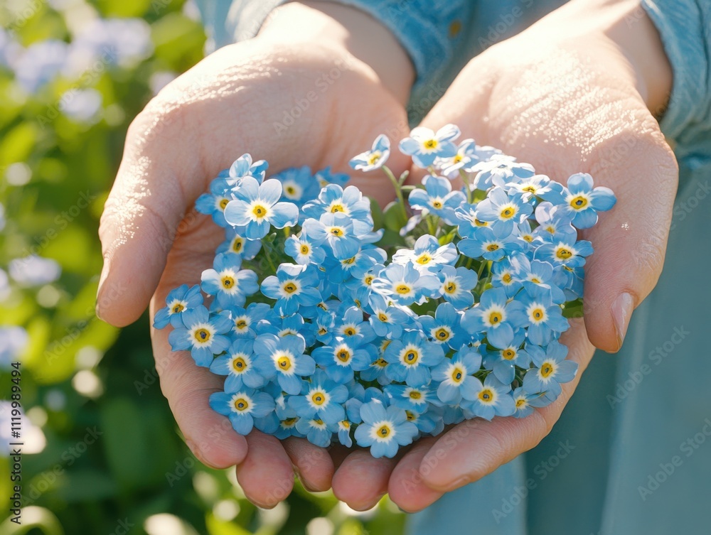 Hands cradling a cluster of blue forgetmenots nature setting floral close-up serene environment peaceful concept Hands cradling a cluster of blue forgetmenots nature setting floral close-up serene environment peaceful concept