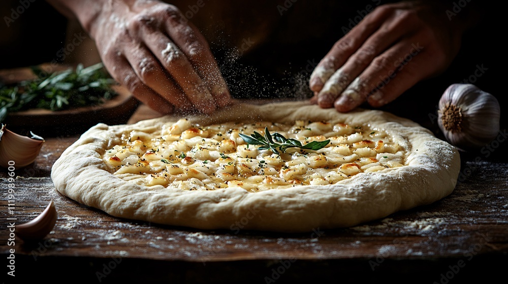 Hands Dusting Flour While Rolling Pizza Dough Hands Dusting Flour While Rolling Pizza Dough