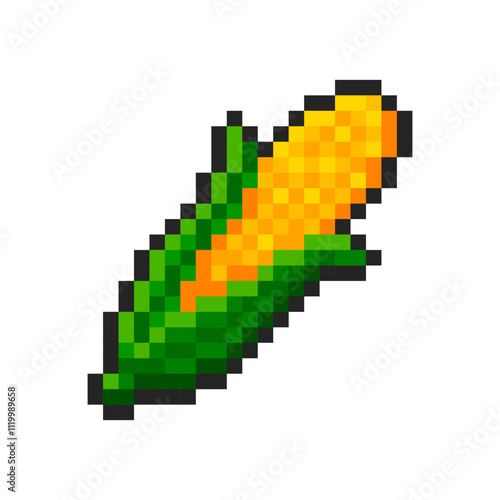 Pixel corn cob isolated on transparent background. Pixelated badge, game asset or computer arcade item. Vegetable icon. Vector pixel art illustration in 16 bit old style.