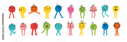 Set of abstract emoticons doodle icons. Emoji outline icons with legs. Smile icons cartoon. Stickers emoticon. Vector flat icons for social media.