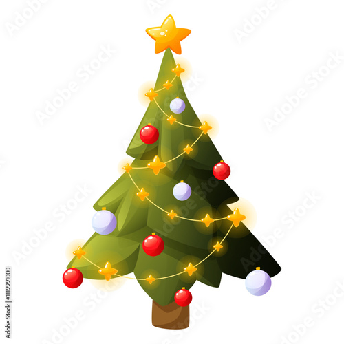 Vector Christmas green tree on white background. Beautiful shining New Year tree with decorations, balls, garland, lights and golden star on top. Festive spruce. Clip art for postcards and posters.