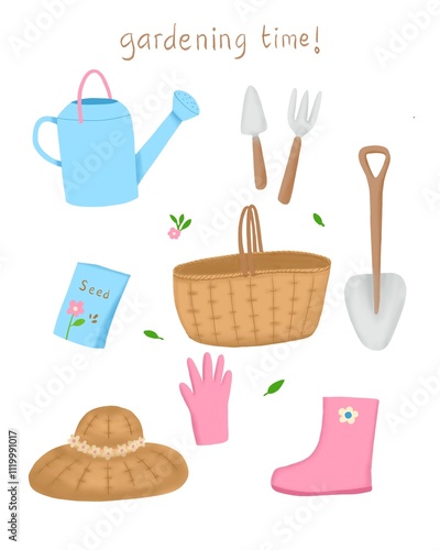 set of gardening tools in white background. Hand painted illustration of watering can, gloves, basket, pitchfork, shovel, garden boot, seed.