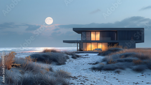 Minimalist Black Beach House Under the Moonlit Sky with Romantic Ambiance