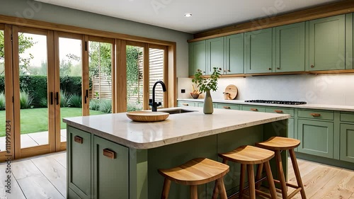 Modern Green Kitchen with Wooden Accents, Island Seating, and Large Glass Doors Overlooking a Garden

 photo