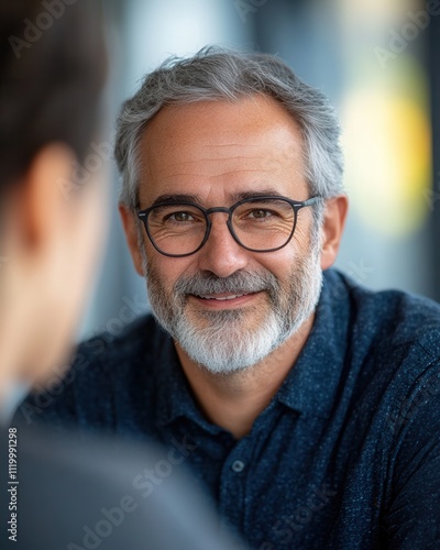 Smiling elderly man with glasses in a casual setting.