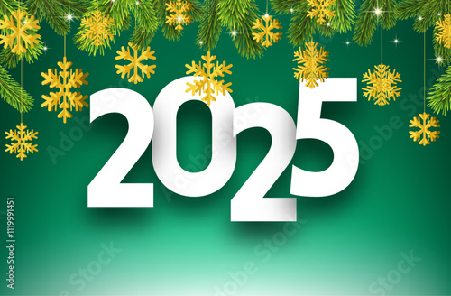 Festive vector illustration of 2025 featuring golden hanging snowflakes and lush green pine branches on a vibrant green background