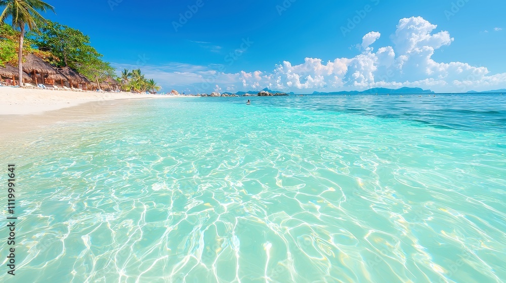 Fototapeta premium Tropical Paradise Escape, serene beach with soft white sands, crystal-clear turquoise waters, swaying palm trees, vibrant blue skies, ideal for relaxation and holidays.