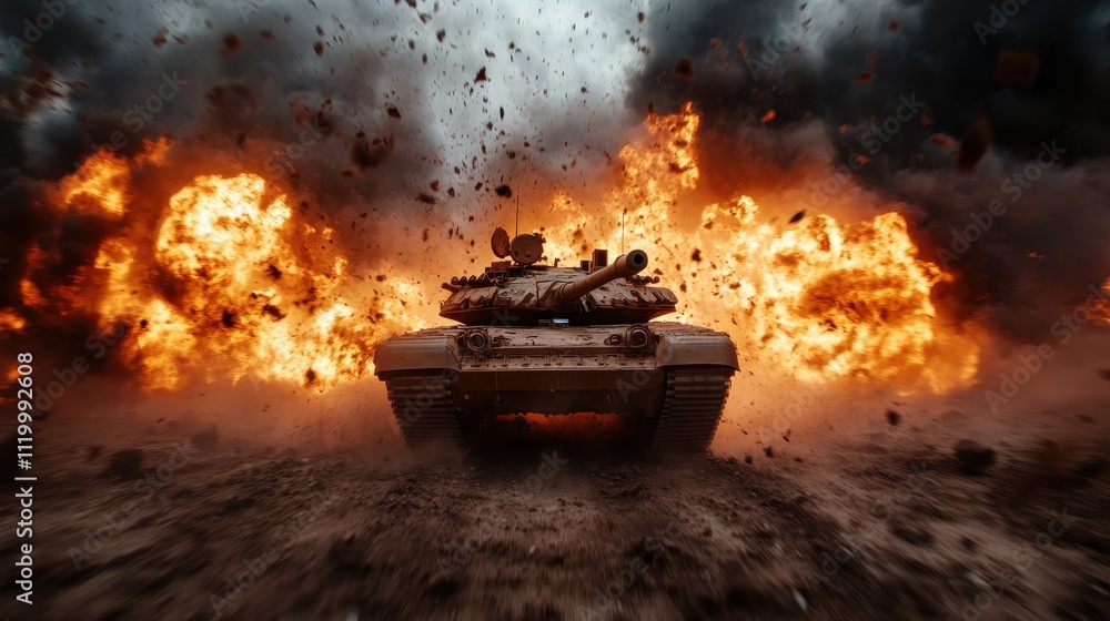 A dramatic scene captures a tank surrounded by an intense explosion on the battlefield, emphasizing the raw power and destructiveness of armed military engagements. A dramatic scene captures a tank surrounded by an intense explosion on the battlefield, emphasizing the raw power and destructiveness of armed military engagements.