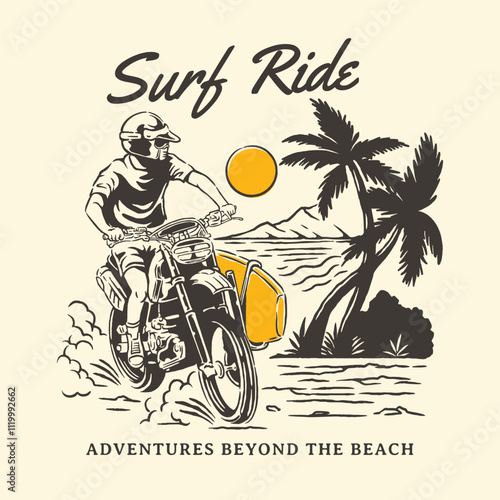 Retro-inspired logo and poster featuring a motorcyclist riding along a tropical beach with a surfboard, palm trees, a setting sun, and a coastal landscape