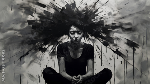 black and white painting of a woman sitting, sadness in her face, her hair is chaotic brush strokes showing the mental health of depression and anxiety. (Generative Ai)  photo