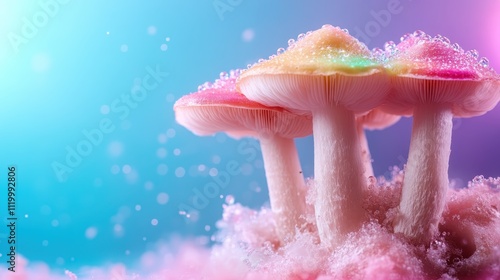 Three enchanting pastel-hued mushrooms stand glistening with dew in soft, colorful light, creating a whimsical and almost surreal representation of nature's beauty. photo