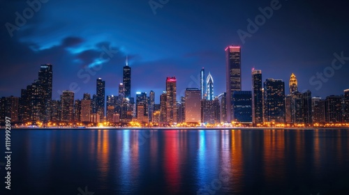 Dynamic city skyline illuminated by vibrant night lighting