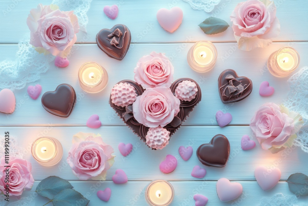 Romantic Pink Text with Hearts and Roses on White Wooden Background. Digital Art Style, Surrounded by Chocolates, Sweets, Candles, and Lace Fabric. Romantic Pink Text with Hearts and Roses on White Wooden Background. Digital Art Style, Surrounded by Chocolates, Sweets, Candles, and Lace Fabric.