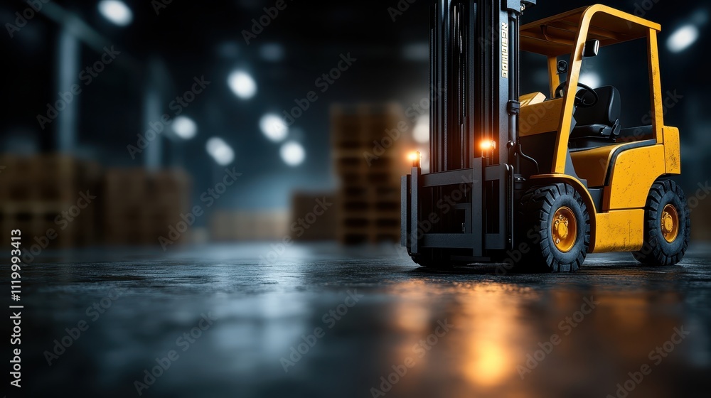 A close-up of a forklift is emphasized under moody warehouse lighting that casts alluring shadows, highlighting the silent intensity and efficiency within an industrial space. A close-up of a forklift is emphasized under moody warehouse lighting that casts alluring shadows, highlighting the silent intensity and efficiency within an industrial space.