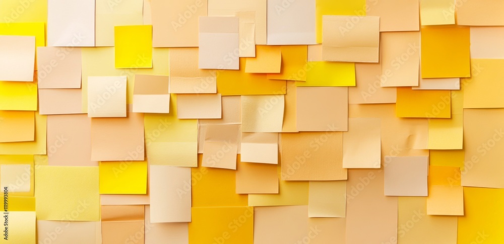 Yellow and Beige Sticky Notes in Abstract Collage Style on White Background. Front View, Various Shades of Brown Paper with Tape. Yellow and Beige Sticky Notes in Abstract Collage Style on White Background. Front View, Various Shades of Brown Paper with Tape.