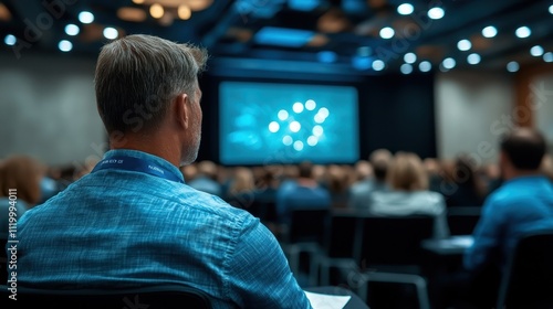 An individual sits attentively in a modern conference setting, wearing an ID badge, focusing keenly on the ongoing presentation amidst a sea of fellow attendees. photo