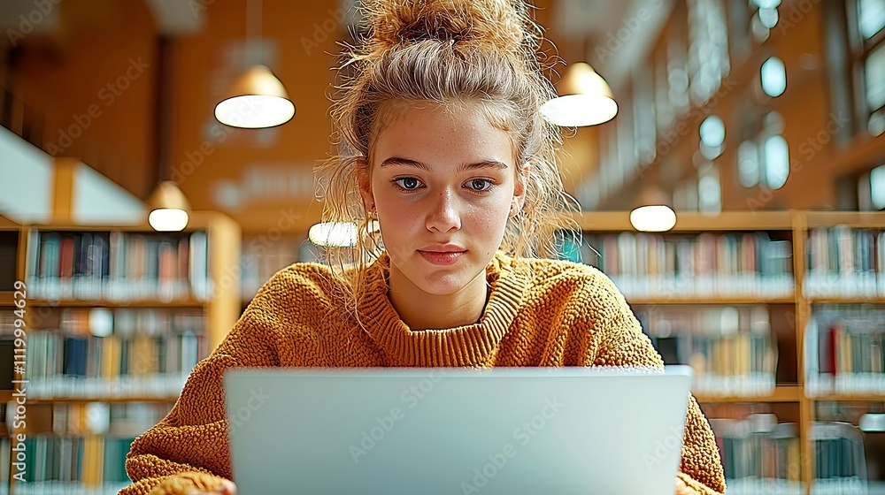 Focused student engaged in online learning, seated at a library table, surrounded by books, immersed in studying with a laptop, demonstrating dedication to education. Focused student engaged in online learning, seated at a library table, surrounded by books, immersed in studying with a laptop, demonstrating dedication to education.