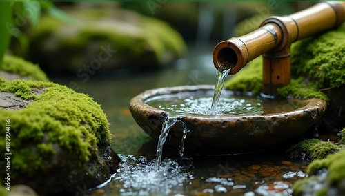 Serene bamboo water feature trickles into a moss-covered stone basin, creating a peaceful and tranquil Zen garden scene.