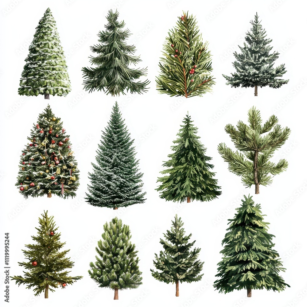 Collection of Evergreen Fir Trees with Snow and Ornaments Showcasing Seasonal Variety and Natural Beauty in a Decorative Illustration Collection of Evergreen Fir Trees with Snow and Ornaments Showcasing Seasonal Variety and Natural Beauty in a Decorative Illustration