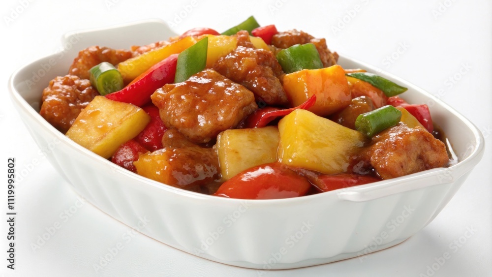 A generous serving of sweet and sour pork is presented in a lovely deep dish featuring tender pieces of meat glazed with a vibrant sauce tossed with pineapple and bell peppers the A generous serving of sweet and sour pork is presented in a lovely deep dish featuring tender pieces of meat glazed with a vibrant sauce tossed with pineapple and bell peppers the