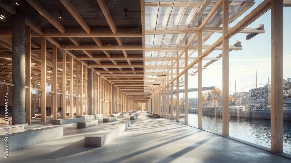 Spacious interior with wooden beams and large windows overlooking a waterway. Spacious interior with wooden beams and large windows overlooking a waterway.