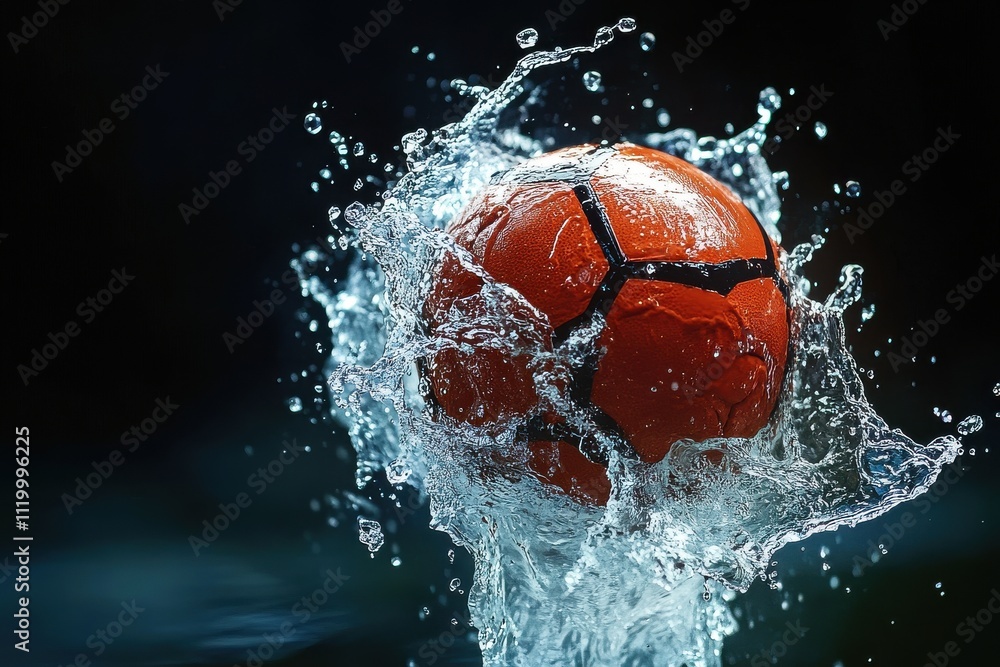 Red soccer ball making a powerful splash in water under dark, dramatic lighting
Red soccer ball making a powerful splash in water under dark, dramatic lighting