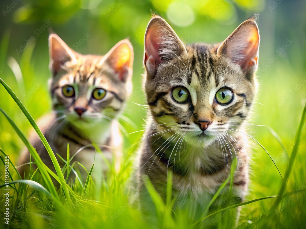 Obraz premium Playful Kitten and Watchful Tabby Cat in Lush Green Grass - A Double Exposure Photography Exploration of Curiosity and Nature's Beauty