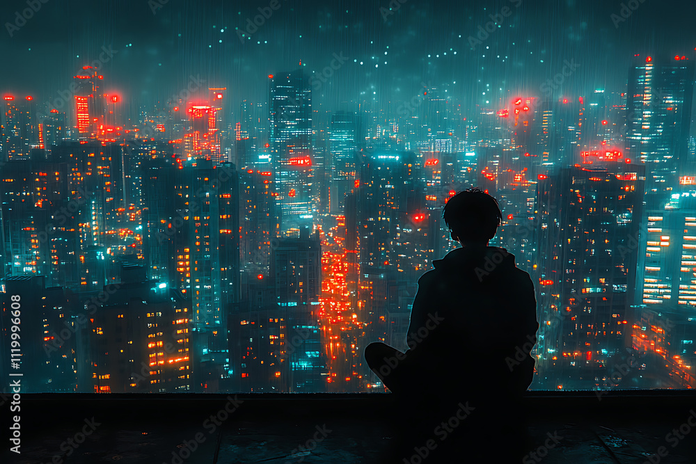 Night Cityscape Contemplation: A Solitary Figure Gazes Upon a Vibrant Metropolis Under a Rainy Sky Night Cityscape Contemplation: A Solitary Figure Gazes Upon a Vibrant Metropolis Under a Rainy Sky