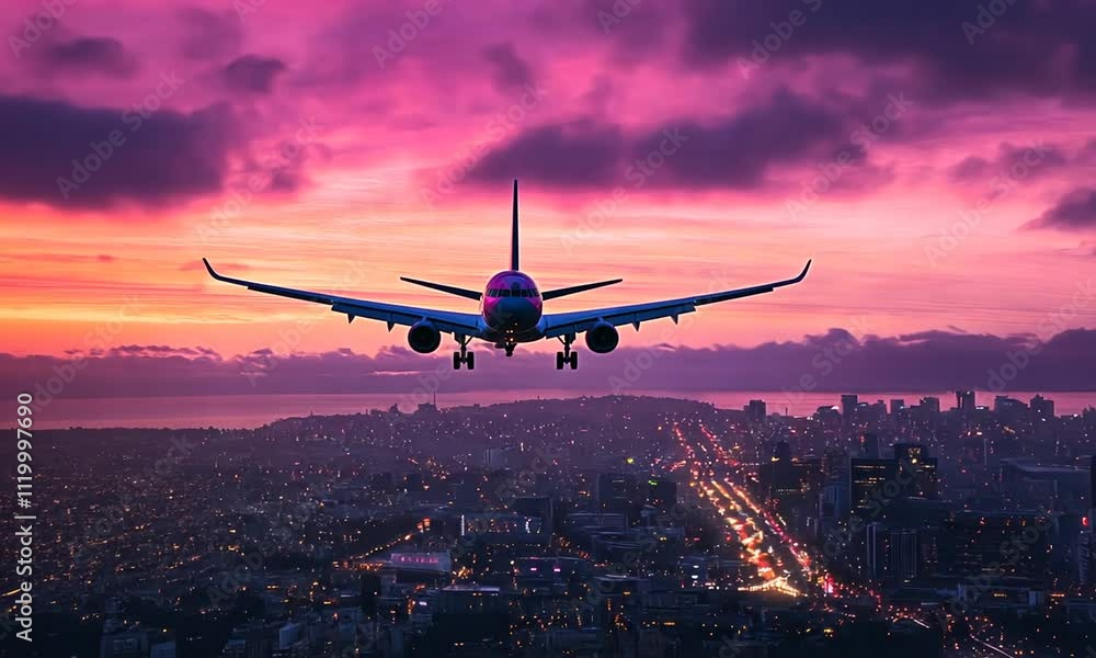 Airplane landing over city at sunset. Airplane landing over city at sunset.