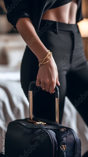 A close-up of an elegant woman's hand holding the handle of her suitcase, with soft lighting and focus on its texture