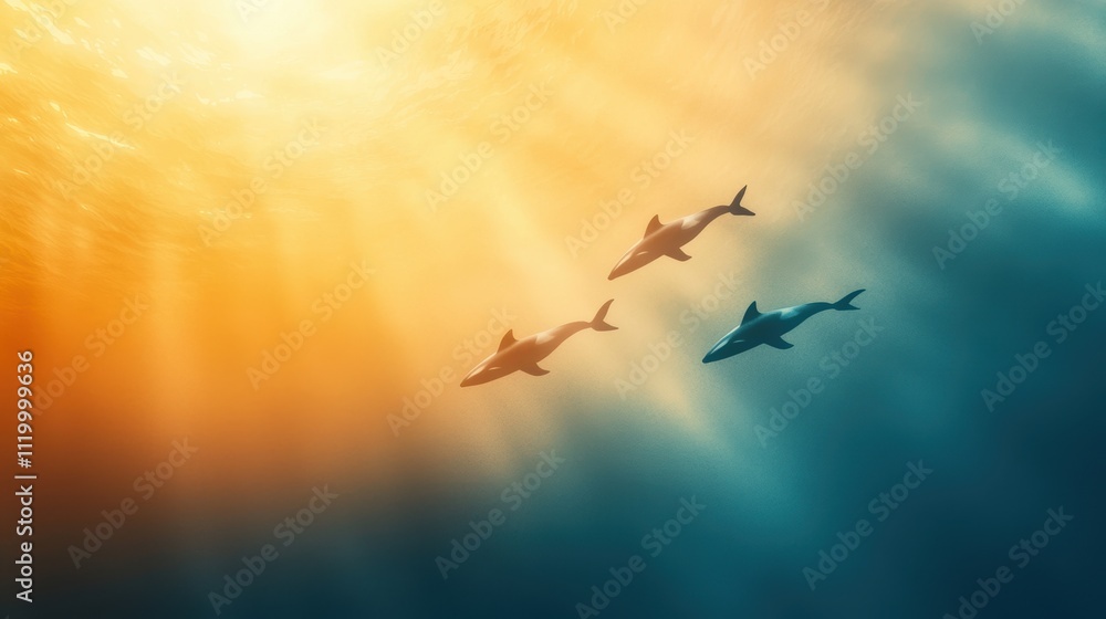 Fototapeta premium Orcas Swimming Gracefully Under Glass with Beautiful Light Effects and Vibrant Colors