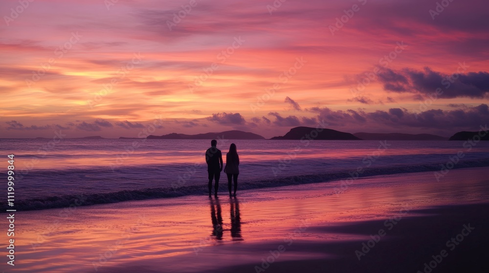 Fototapeta premium Couple Walking on the Beach at Sunset with Colorful Sky and Reflection