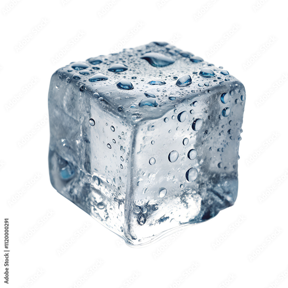Obraz premium A close-up of an ice cube melting, with water droplets forming, isolated on a transparent background