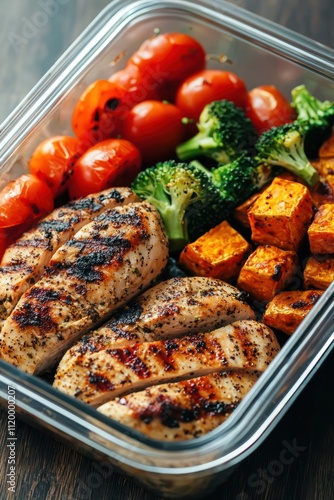 A nutritious meal prep featuring grilled chicken, broccoli, tomatoes, and sweet potatoes, ideal for healthy eating.