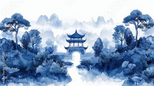 Serene blue watercolor painting of a traditional Chinese gate and landscape.