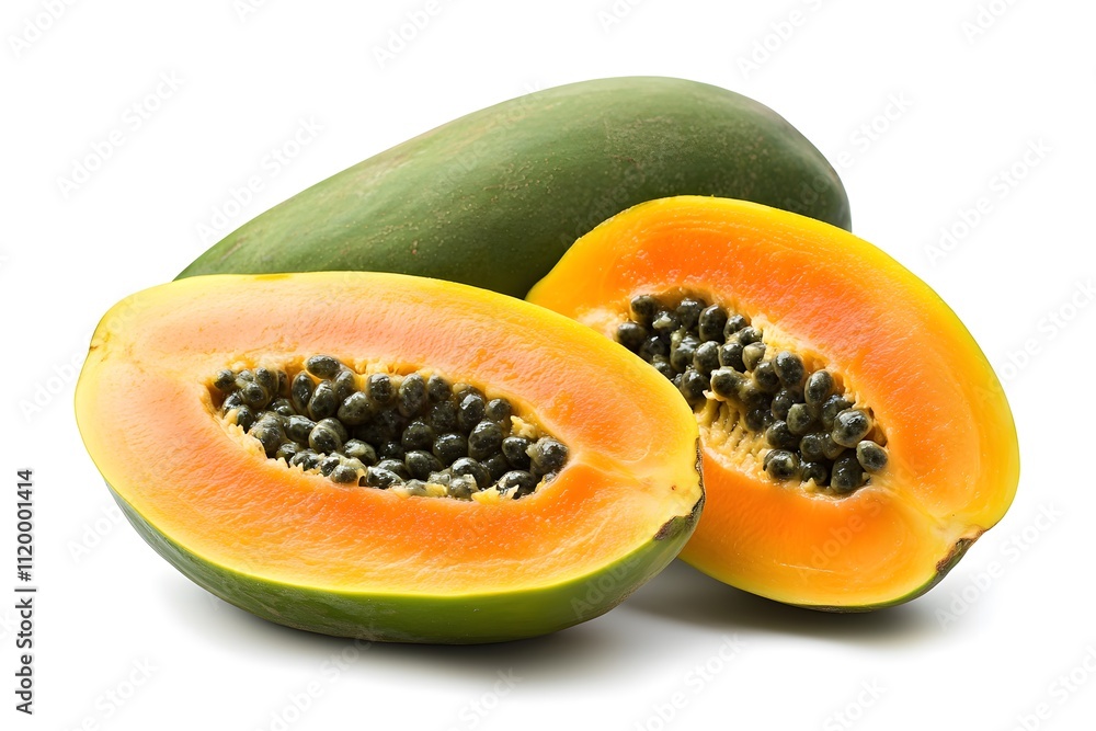 Fresh Ripe Papaya Cut in Half, White Background Fresh Ripe Papaya Cut in Half, White Background