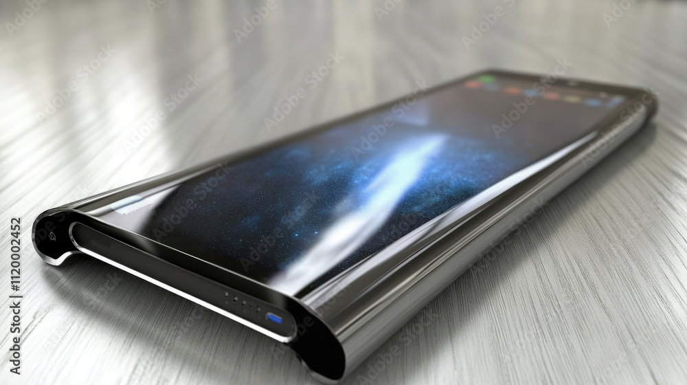 Futuristic Flexible Smartphone with Holographic Display on Metallic Surface Futuristic Flexible Smartphone with Holographic Display on Metallic Surface